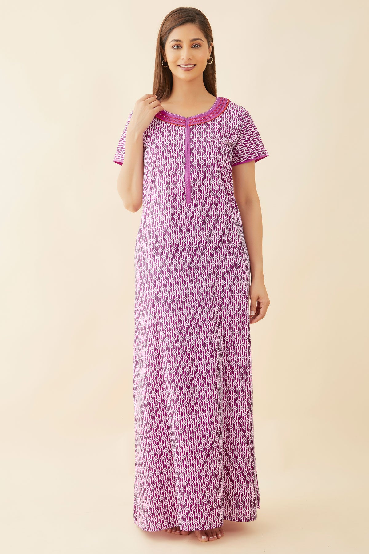 All Over Block Print With Contrast Geometric Embroidered Yoke Nighty - Purple