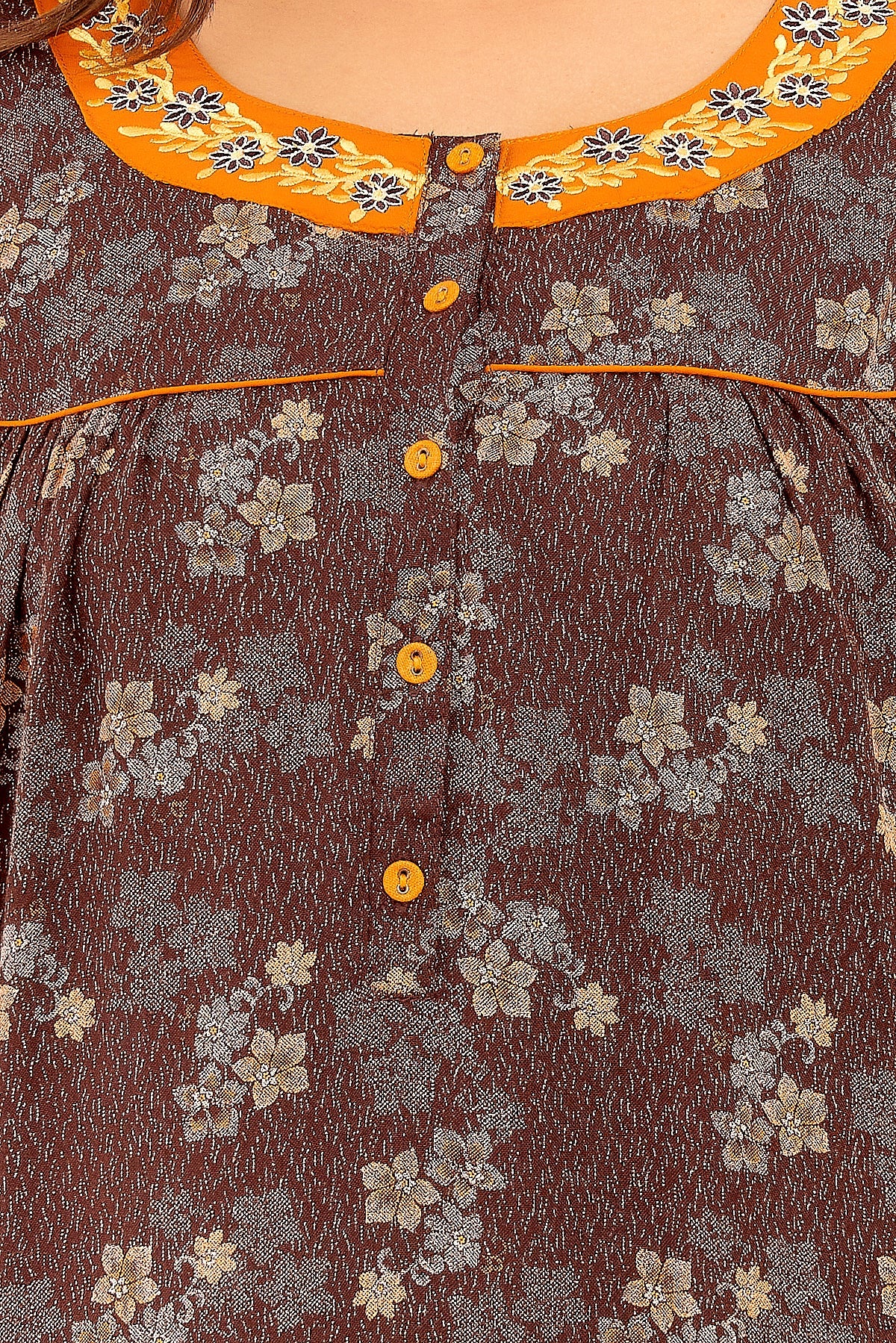 Floral Digital Printed With Embroidered Nighty - Brown