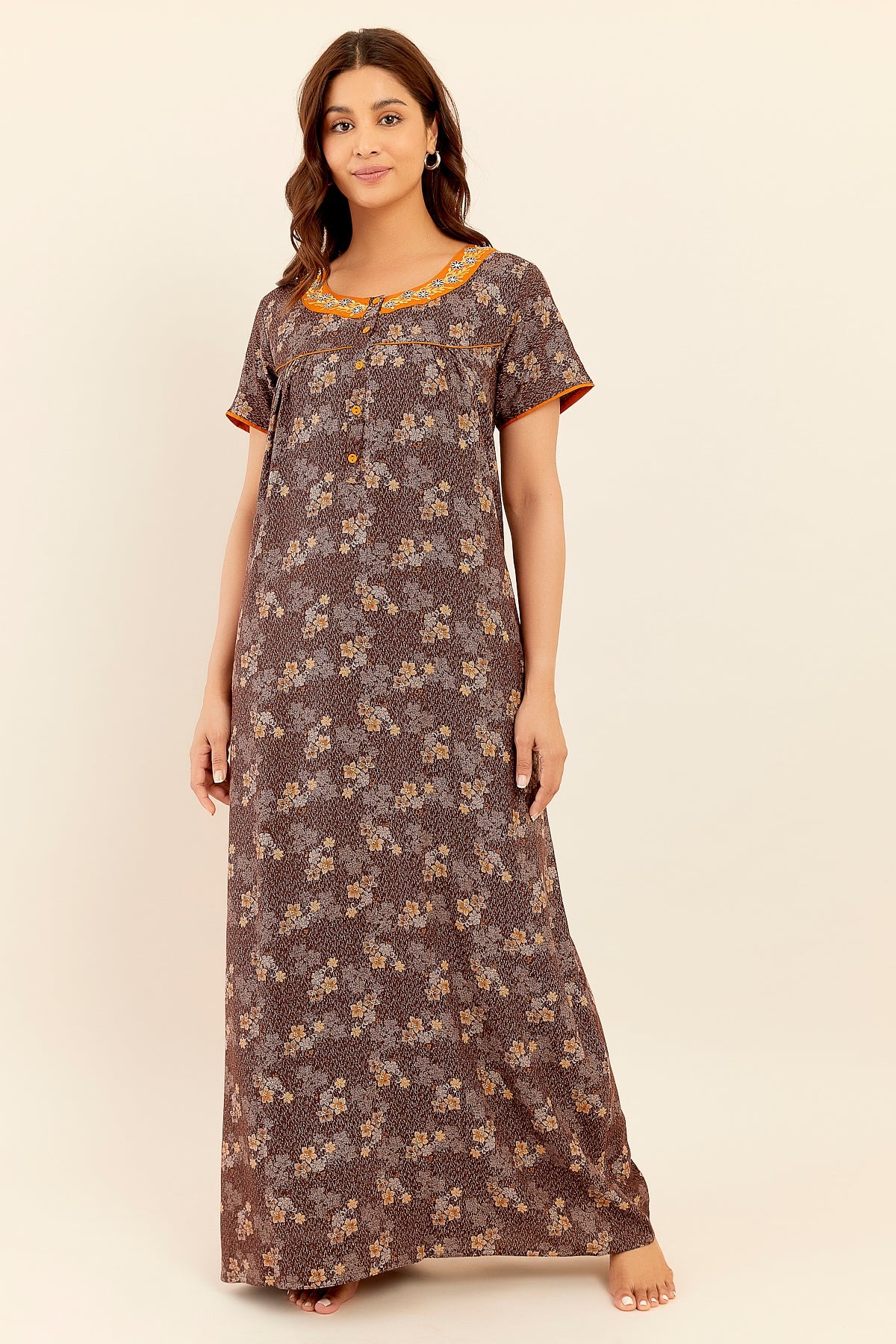 Floral Digital Printed With Embroidered Nighty - Brown