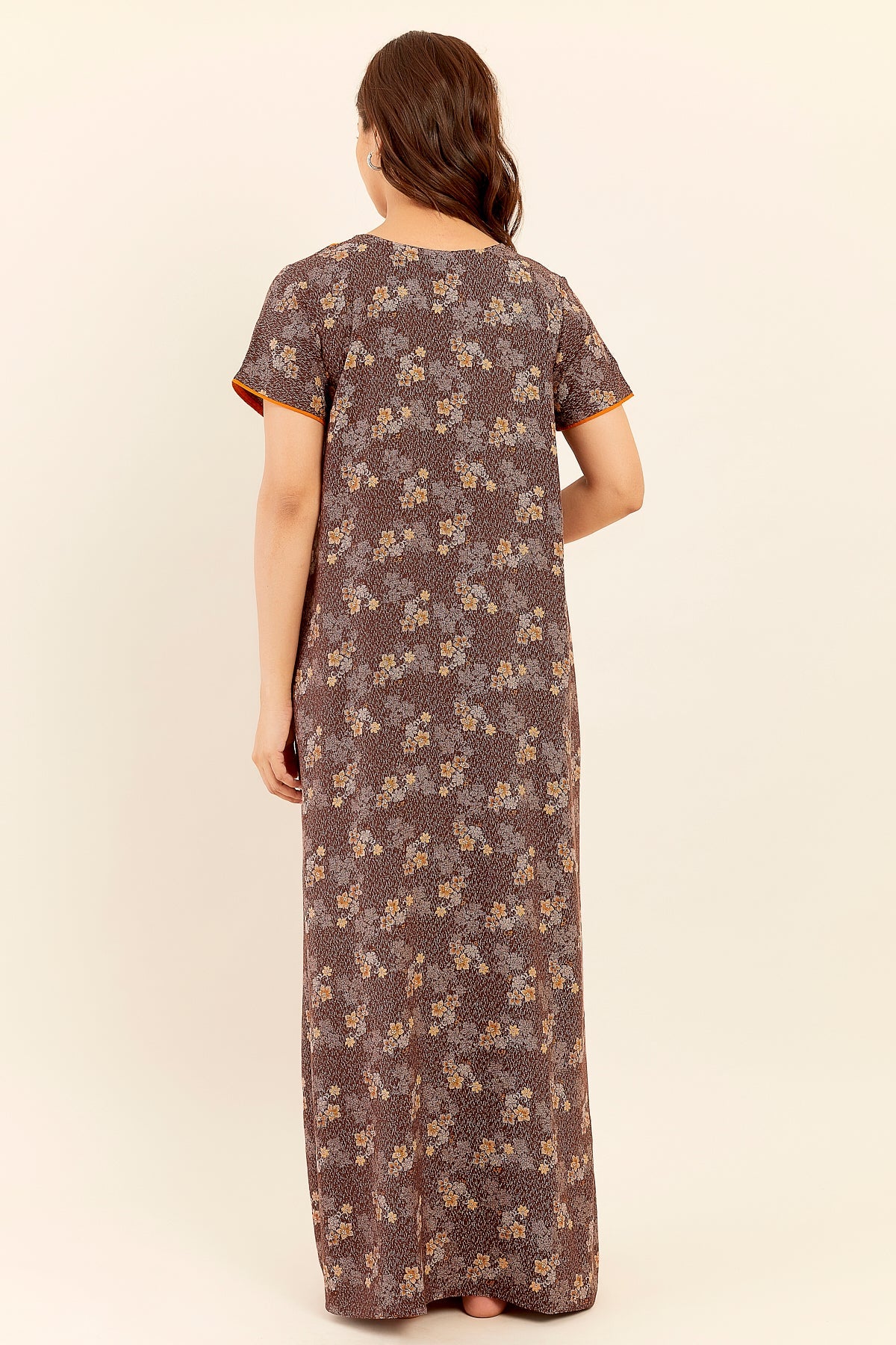 Floral Digital Printed With Embroidered Nighty - Brown
