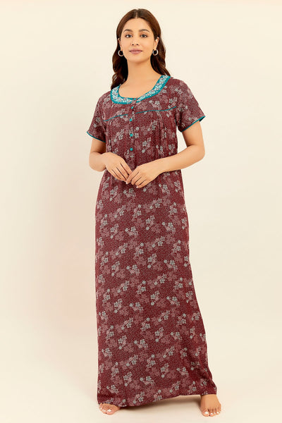 Floral Digital Printed With Embroidered Nighty Maroon