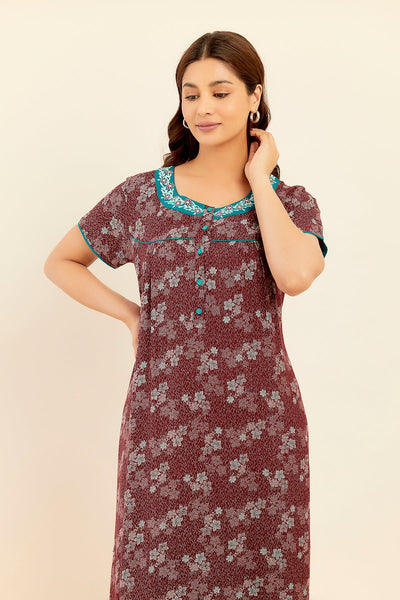 Floral Digital Printed With Embroidered Nighty - Maroon