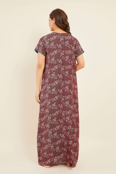 Floral Digital Printed With Embroidered Nighty - Maroon