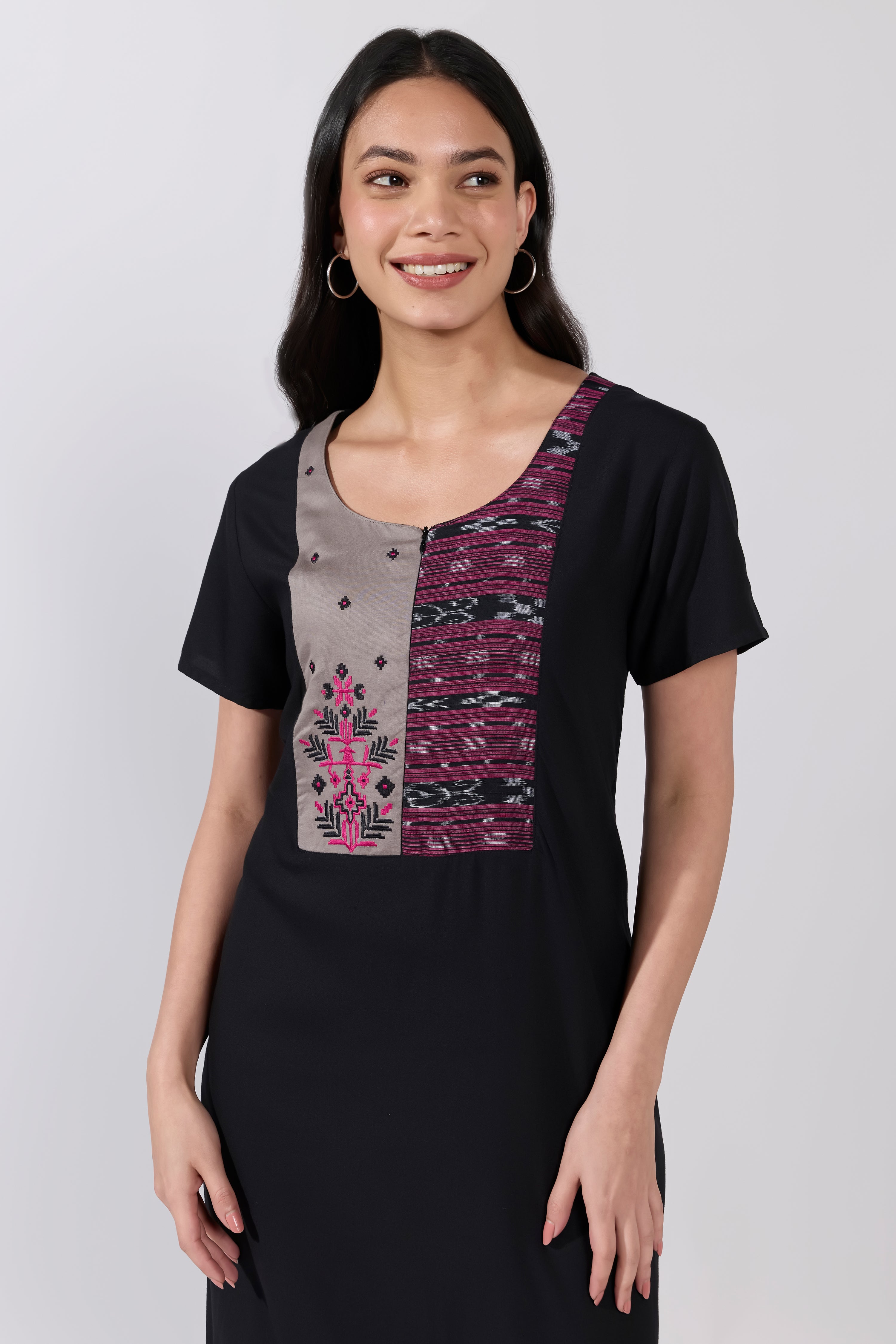 Black Solid Cotton Nightwear with Ikat Embroidered Yoke