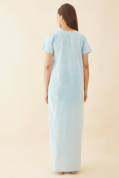 All Over Polka Dot With Contrast Floral Embroidered Yoke Nighty - Blue