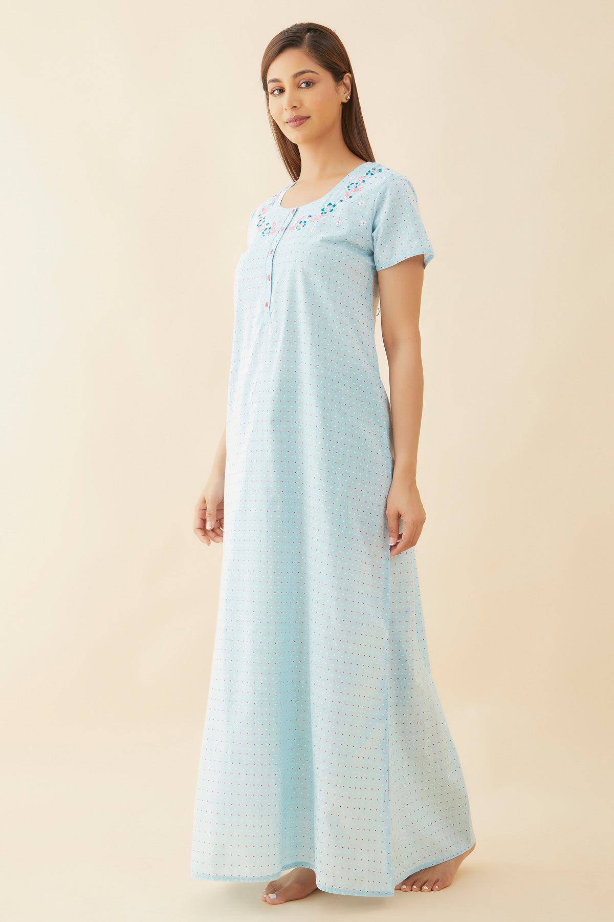 All Over Polka Dot With Contrast Floral Embroidered Yoke Nighty - Blue