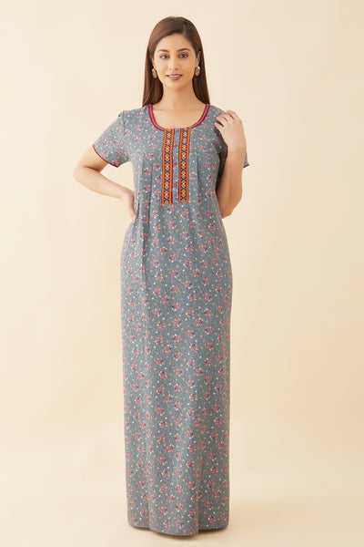 All Over Abstract Print With Contrast Geometric Embroidered Pleated Yoke Nighty - Blue