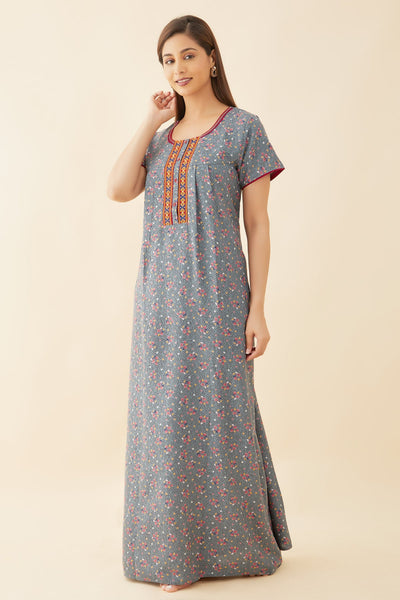All Over Abstract Print With Contrast Geometric Embroidered Pleated Yoke Nighty - Blue