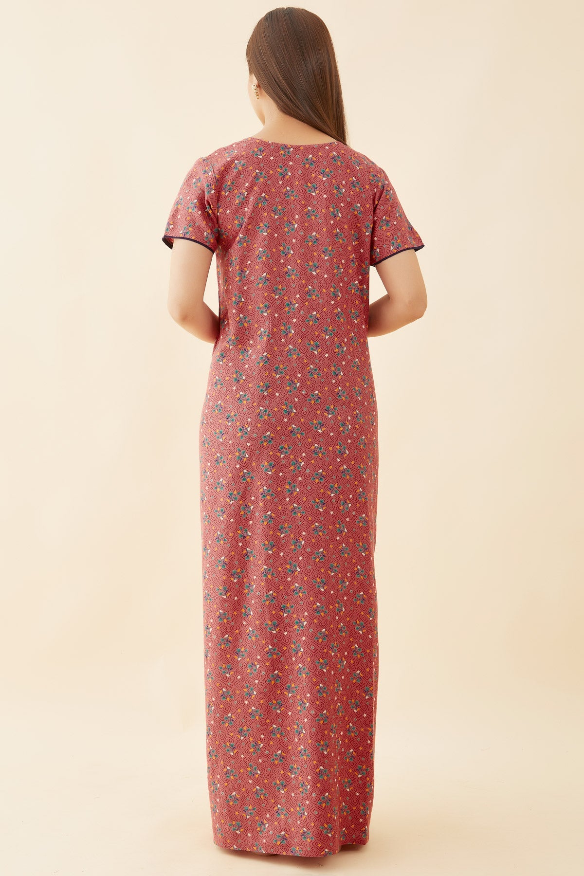 All Over Abstract Print With Contrast Geometric Embroidered Pleated Yoke Nighty - Pink