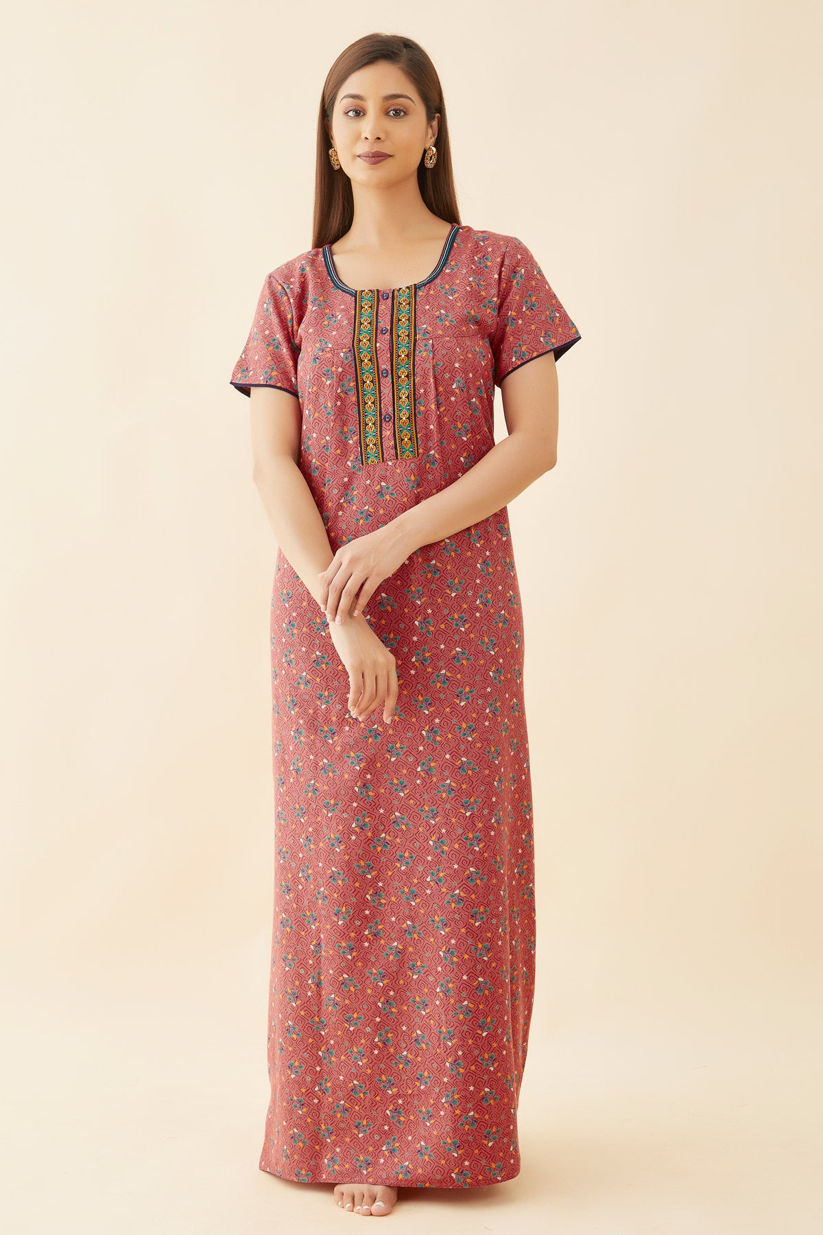 All Over Abstract Print With Contrast Geometric Embroidered Pleated Yoke Nighty - Pink