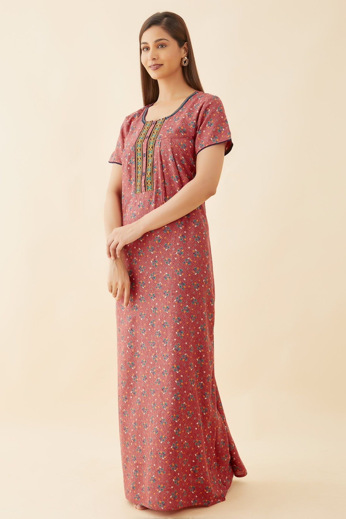 All Over Abstract Print With Contrast Geometric Embroidered Pleated Yoke Nighty - Pink