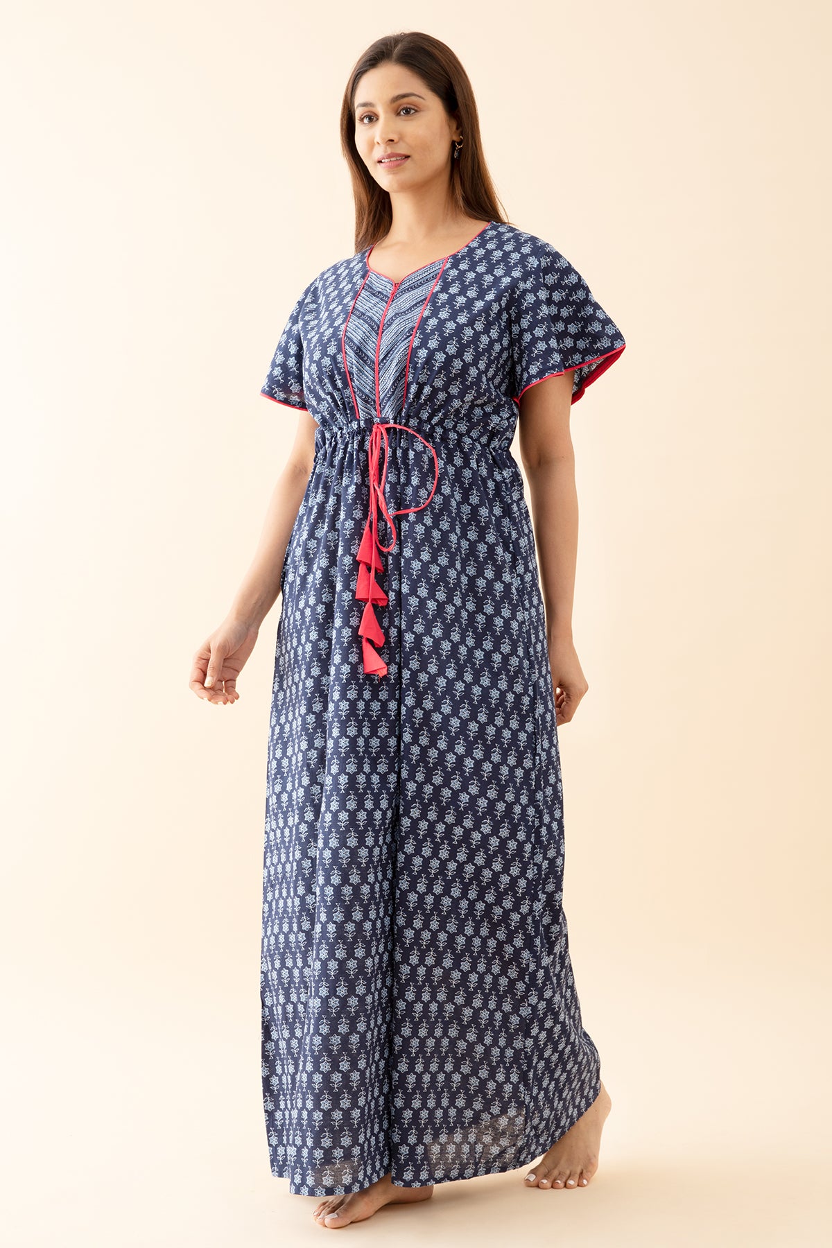 Indigo Printed Nighty with Geometric Printed Yoke Blue