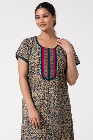 Blue & Olive Kalamkari Nighty with Geometric Design Yoke