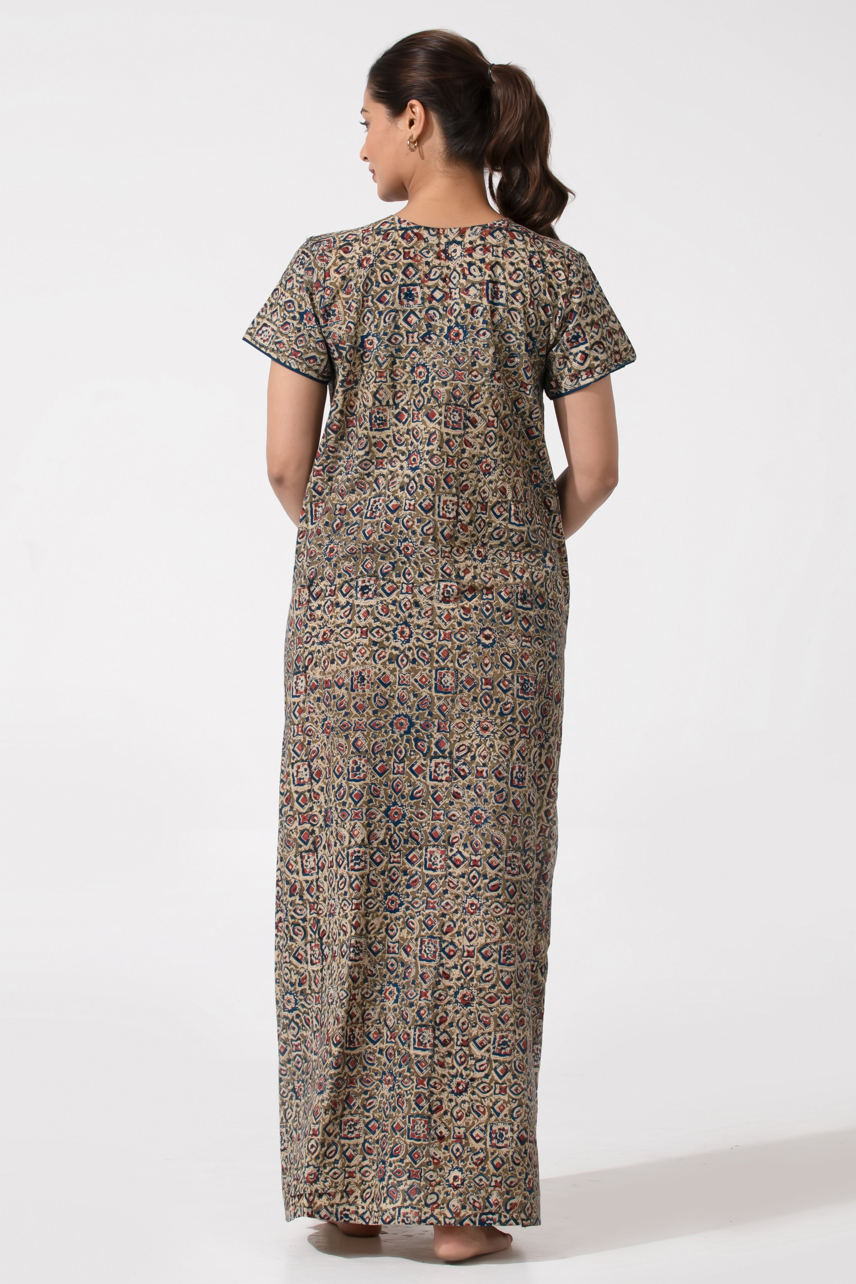 Blue & Olive Kalamkari Nighty with Geometric Design Yoke