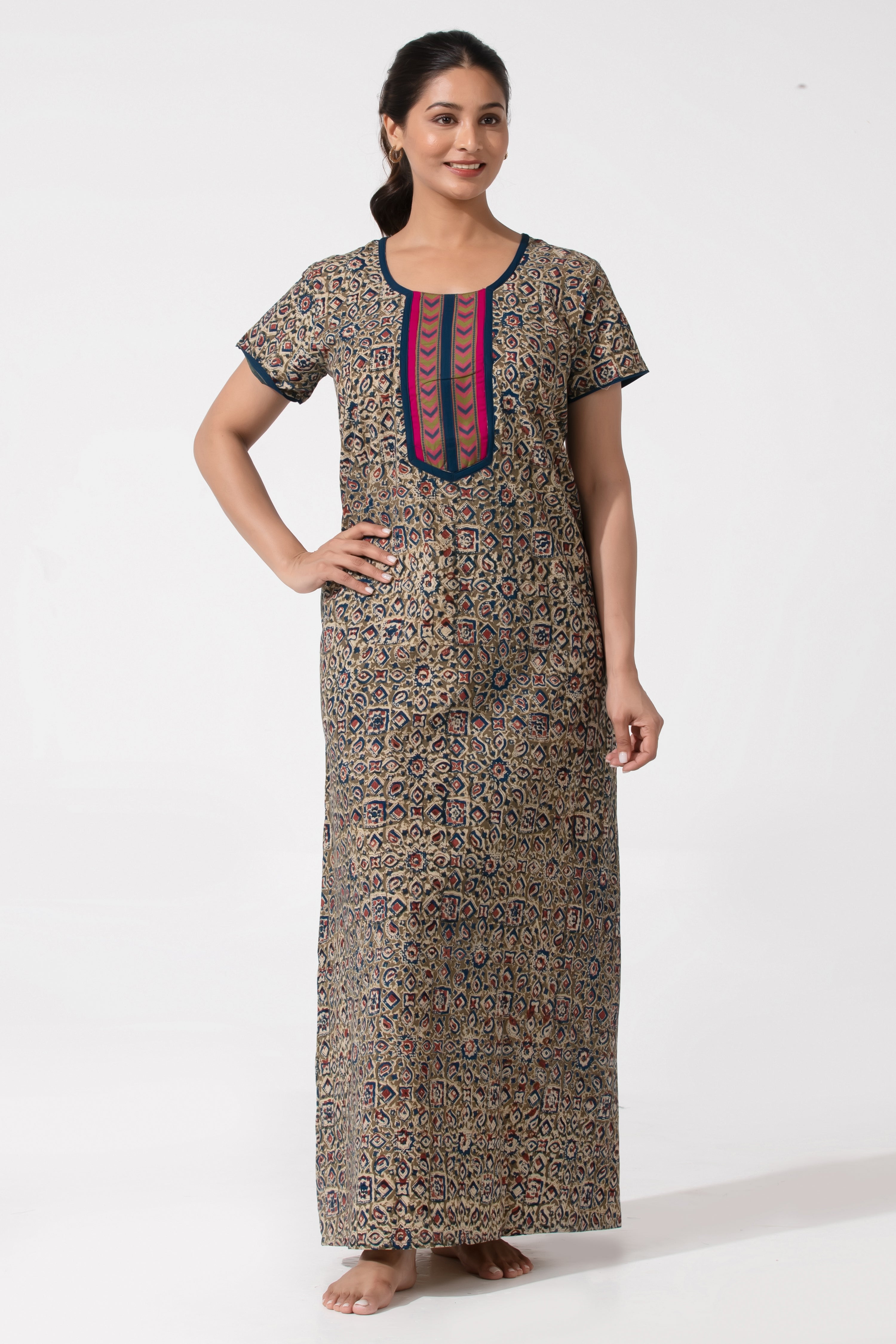 Blue & Olive Kalamkari Nighty with Geometric Design Yoke