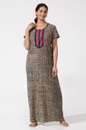 Blue & Olive Kalamkari Nighty with Geometric Design Yoke