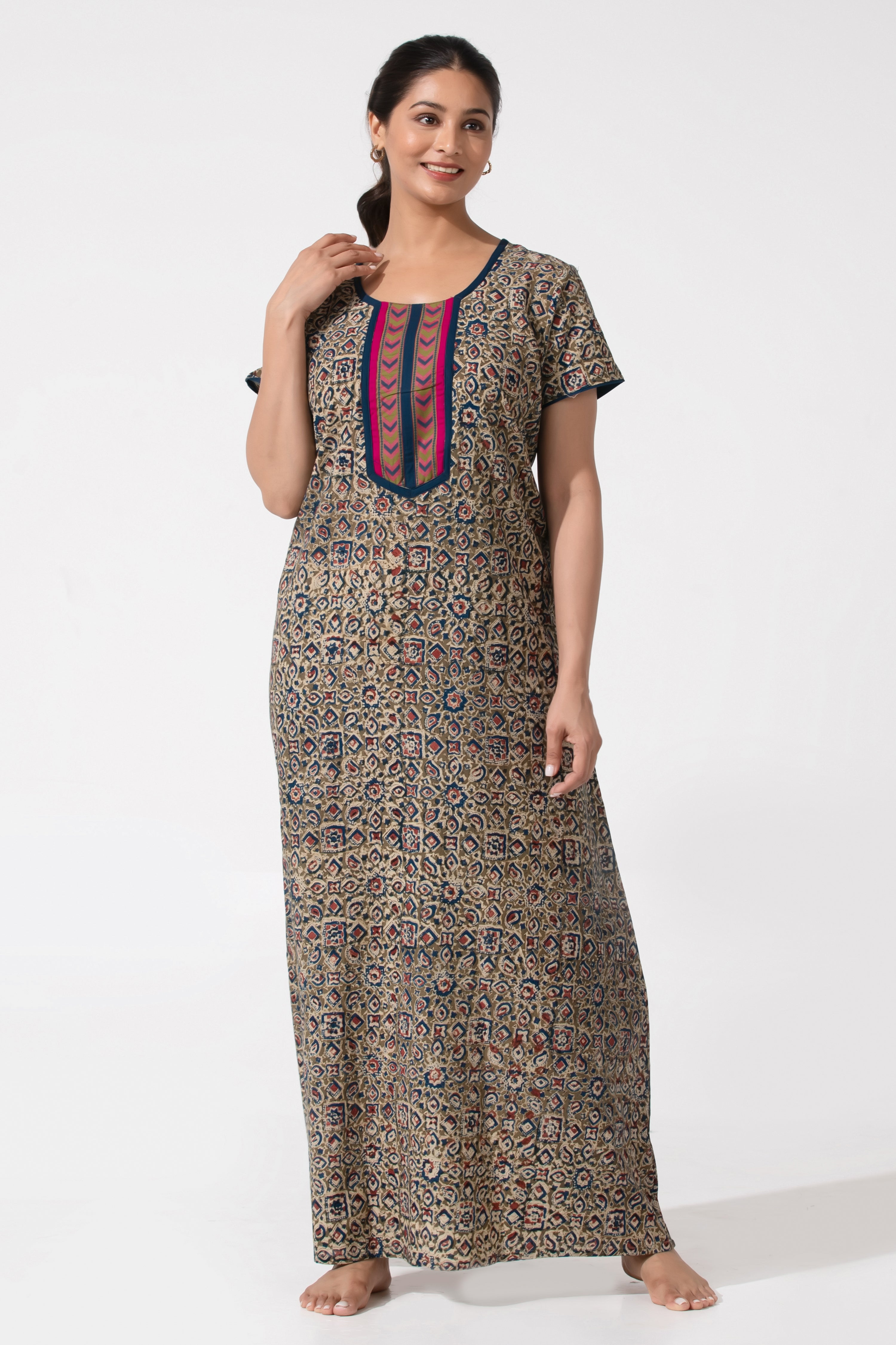 Blue & Olive Kalamkari Nighty with Geometric Design Yoke