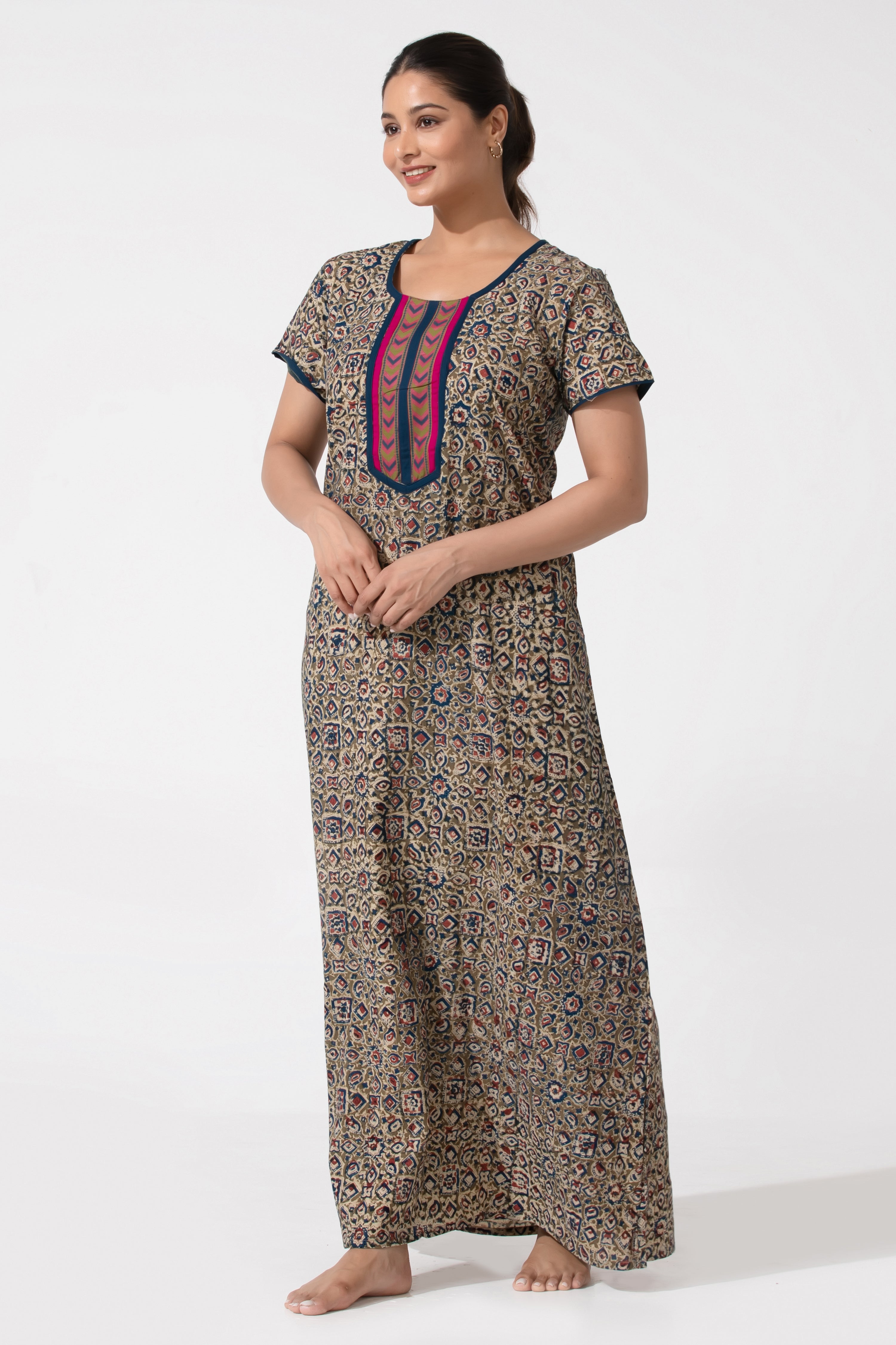 Blue & Olive Kalamkari Nighty with Geometric Design Yoke