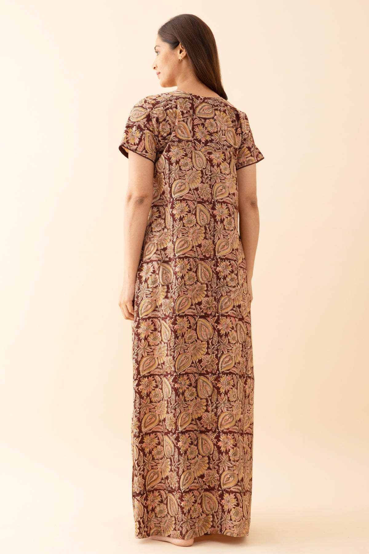 Kalamkari Printed Brown Nighty with Geometric Embroidered