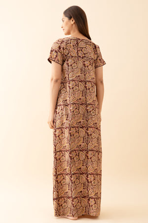 Kalamkari Printed Brown Nighty with Geometric Embroidered