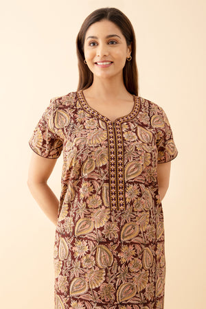 Kalamkari Printed Brown Nighty with Geometric Embroidered