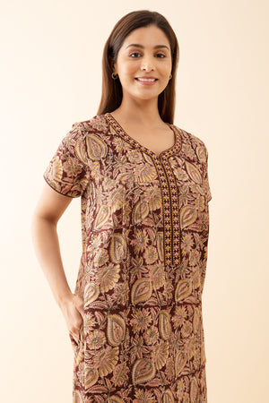 Kalamkari Printed Brown Nighty with Geometric Embroidered