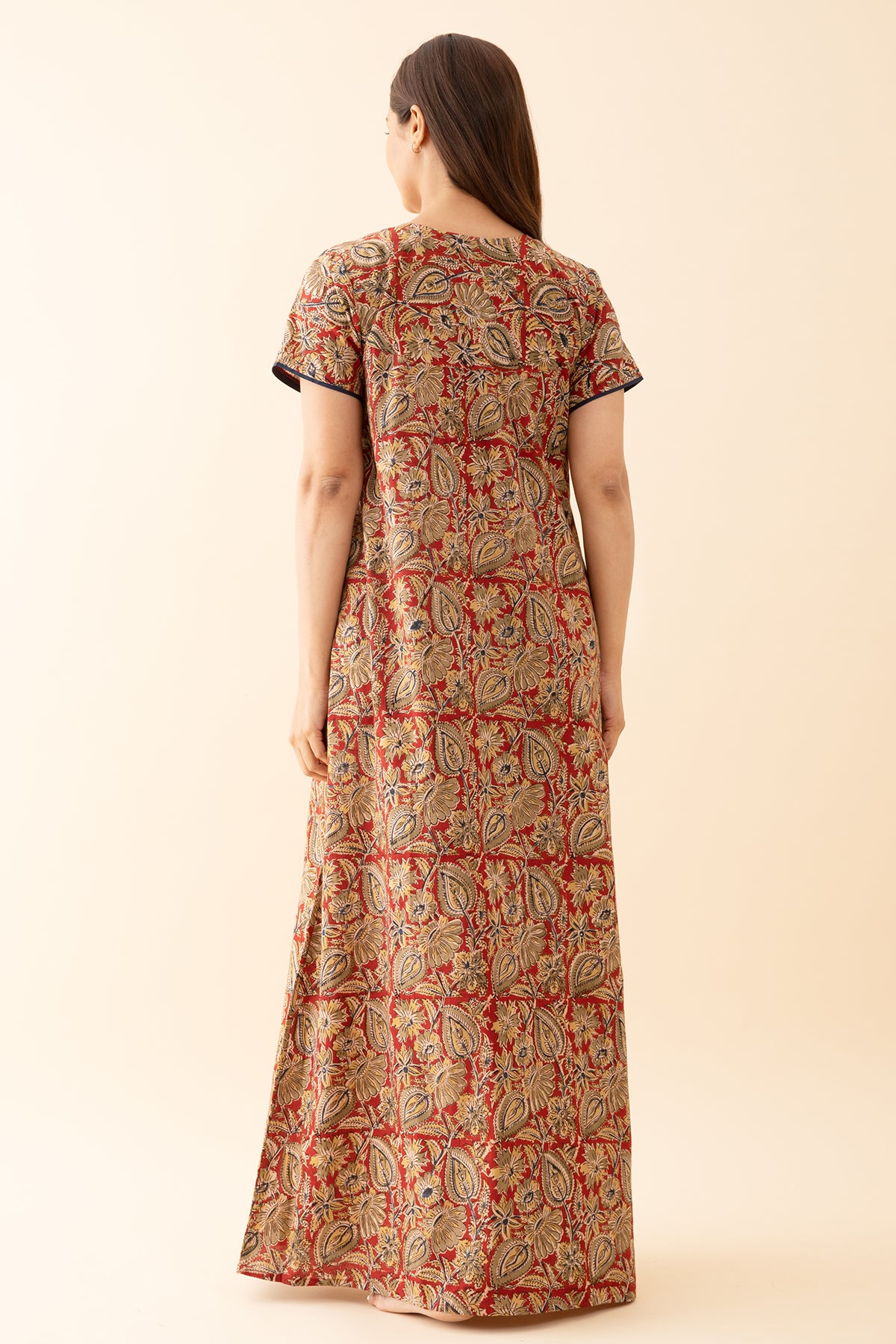 Kalamkari Printed Nighty with Geometric Embroidered Neckline Red
