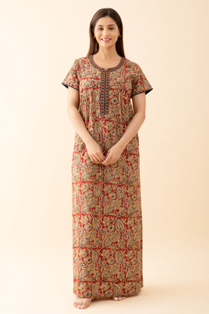 Kalamkari Printed Nighty with Geometric Embroidered Neckline Red
