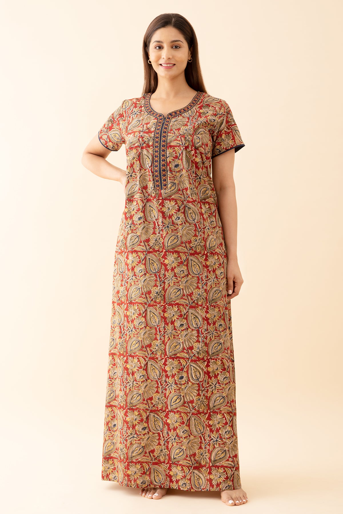 Kalamkari Printed Nighty with Geometric Embroidered Neckline Red
