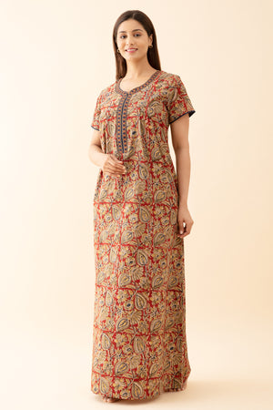 Kalamkari Printed Nighty with Geometric Embroidered Neckline Red
