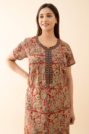 Kalamkari Printed Nighty with Geometric Embroidered Neckline Red
