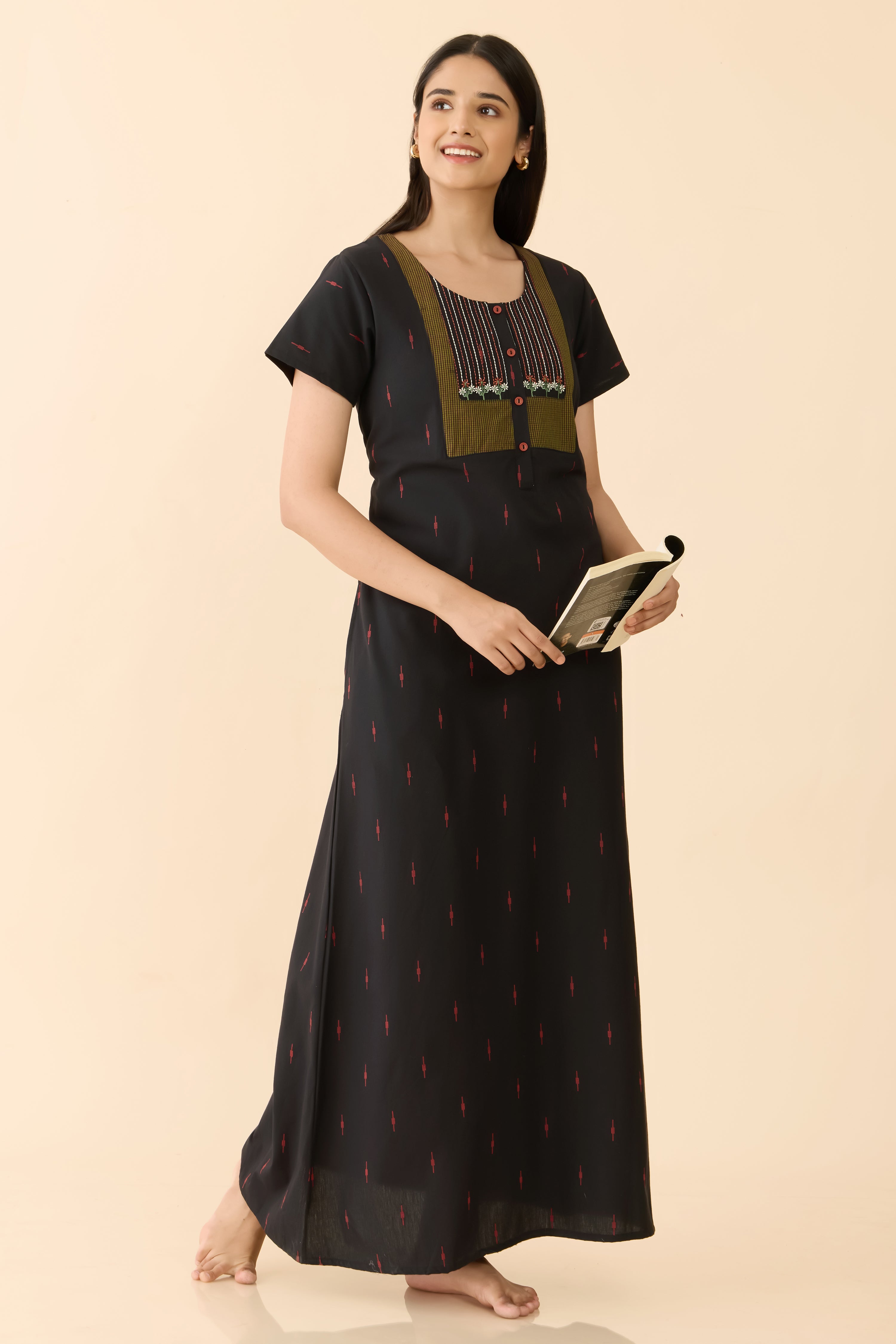 Black Solid Ikat Cotton Nightwear with Embroidered Yoke