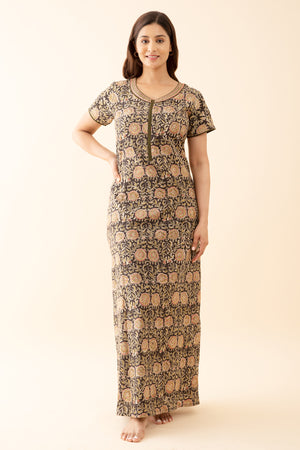 Kalamkari Printed Nighty with Embroidered Neckline Green
