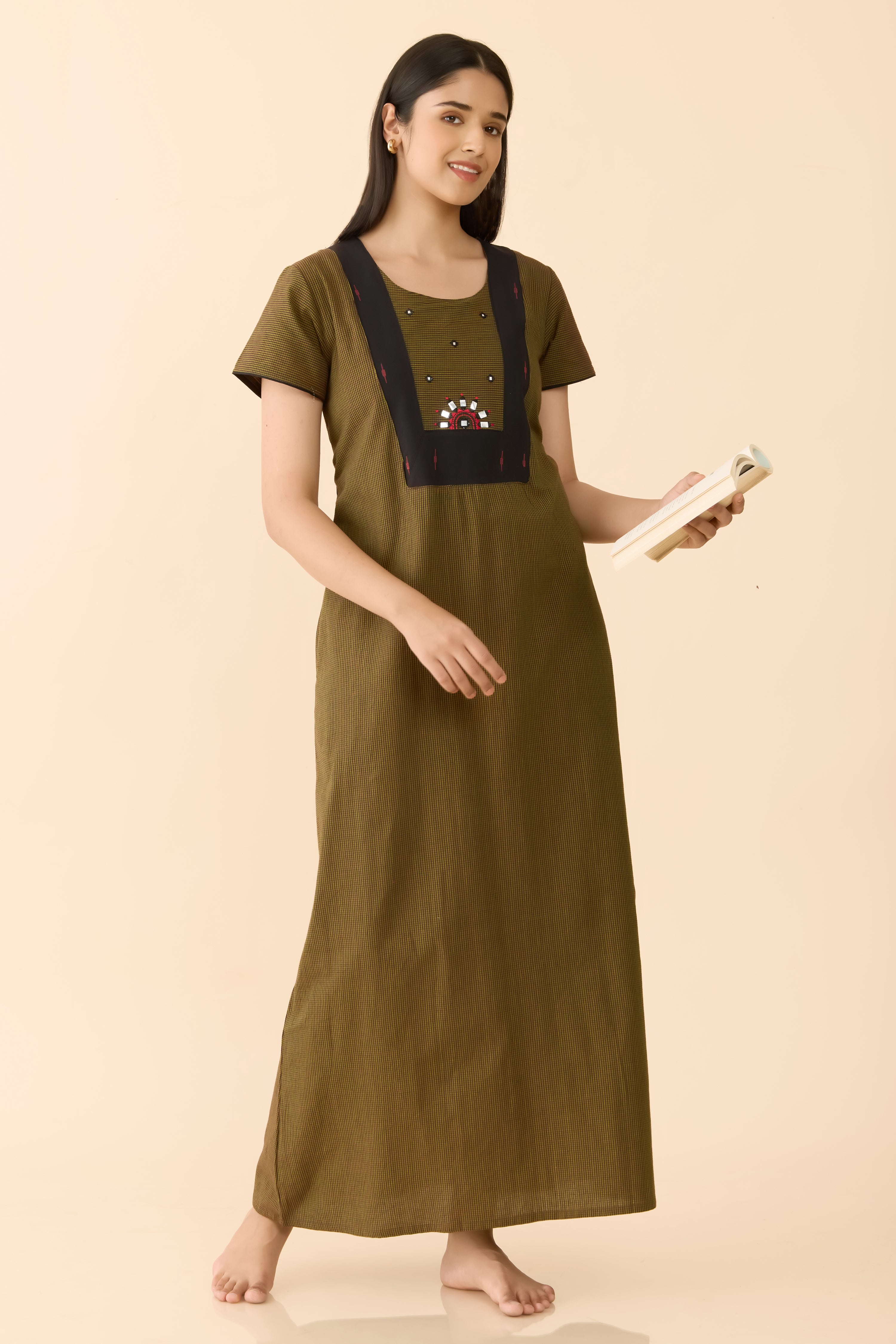 Moss Green Checked Cotton Nightwear with Embroidered Yoke