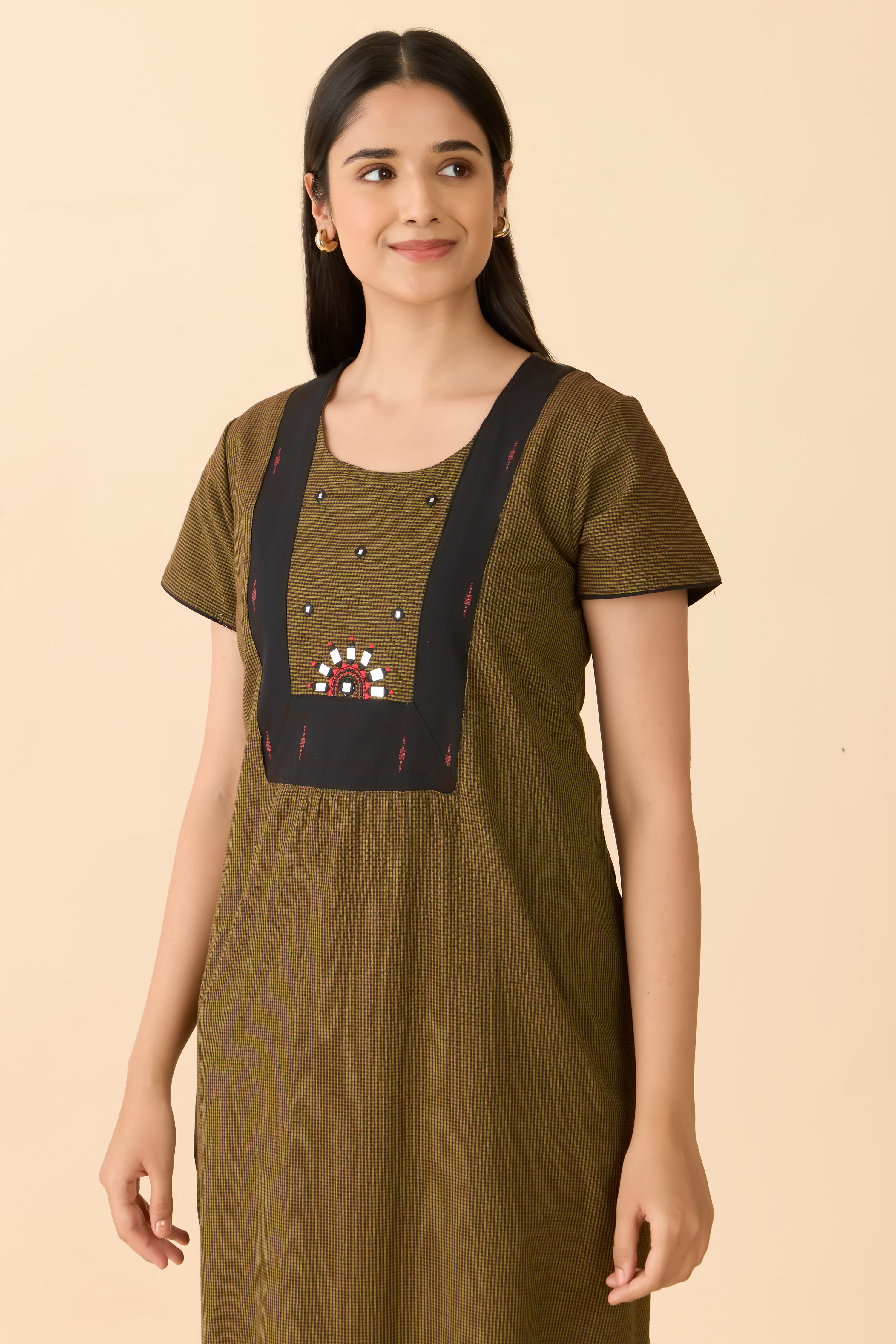Moss Green Checked Cotton Nightwear with Embroidered Yoke