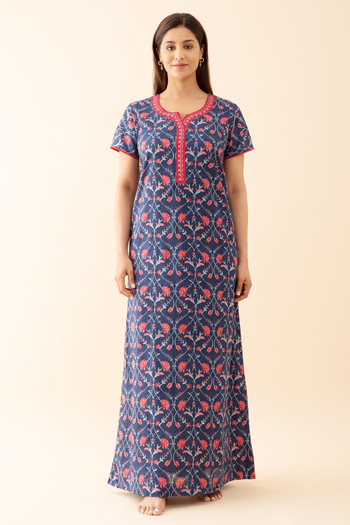 Floral Printed Nighty with Contrast Embroidered Yoke Blue