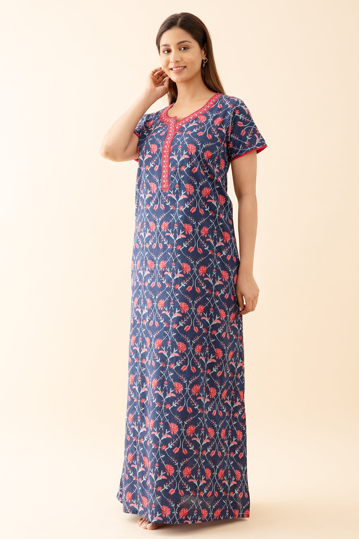 Floral Printed Nighty with Contrast Embroidered Yoke Blue