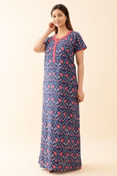 Floral Printed Nighty with Contrast Embroidered Yoke - Blue