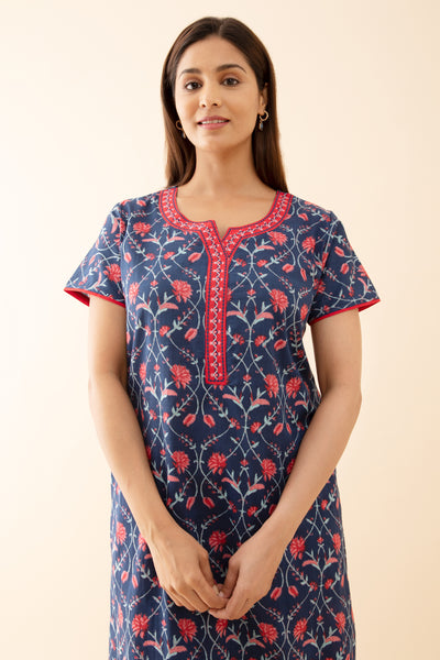 Floral Printed Nighty with Contrast Embroidered Yoke Blue