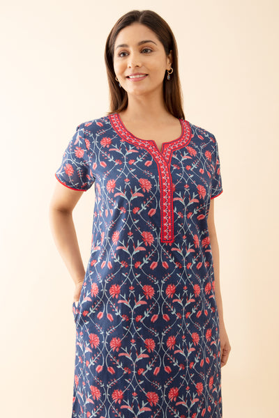Floral Printed Nighty with Contrast Embroidered Yoke Blue