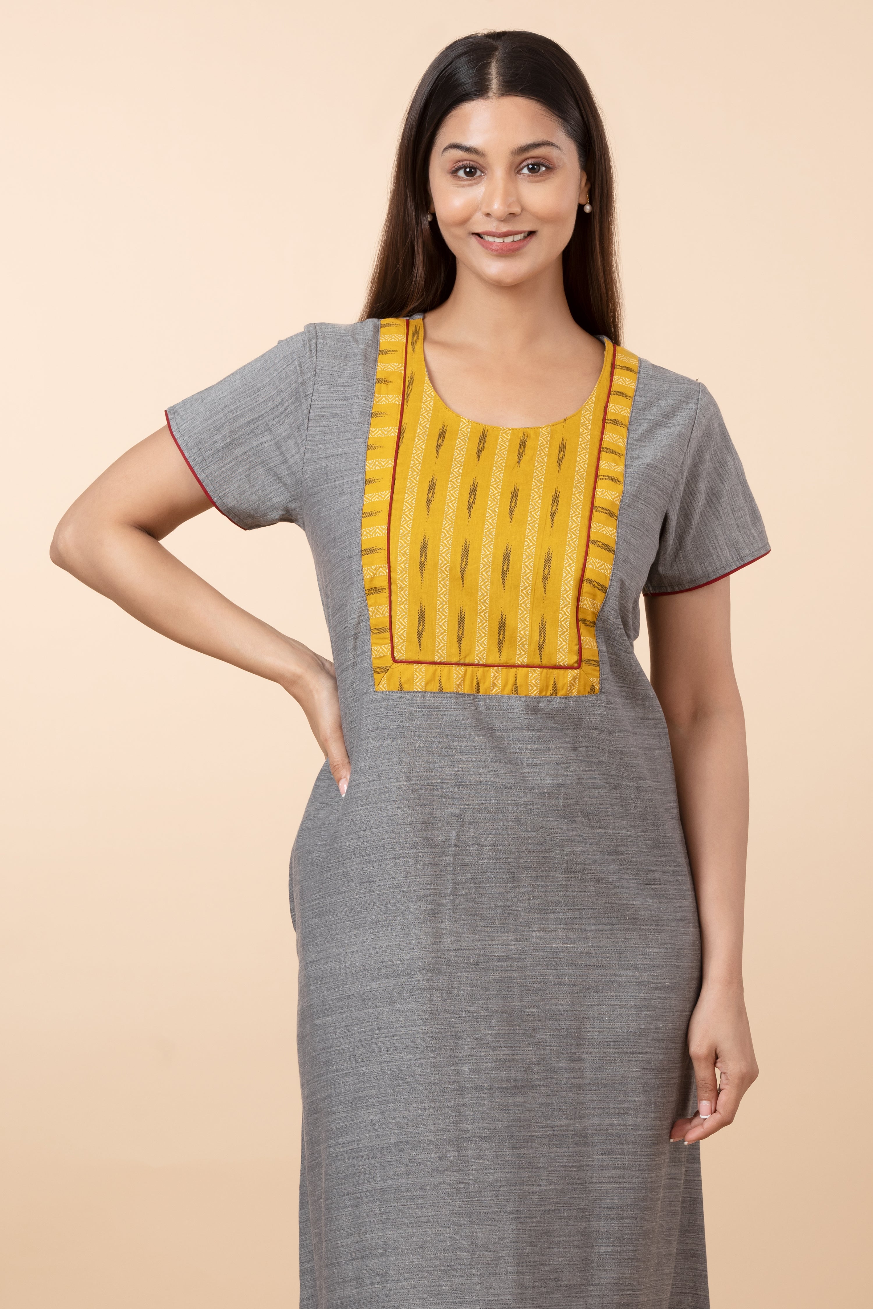 Solid Nightwear with Contrast Yellow Printed Patchwork - Grey