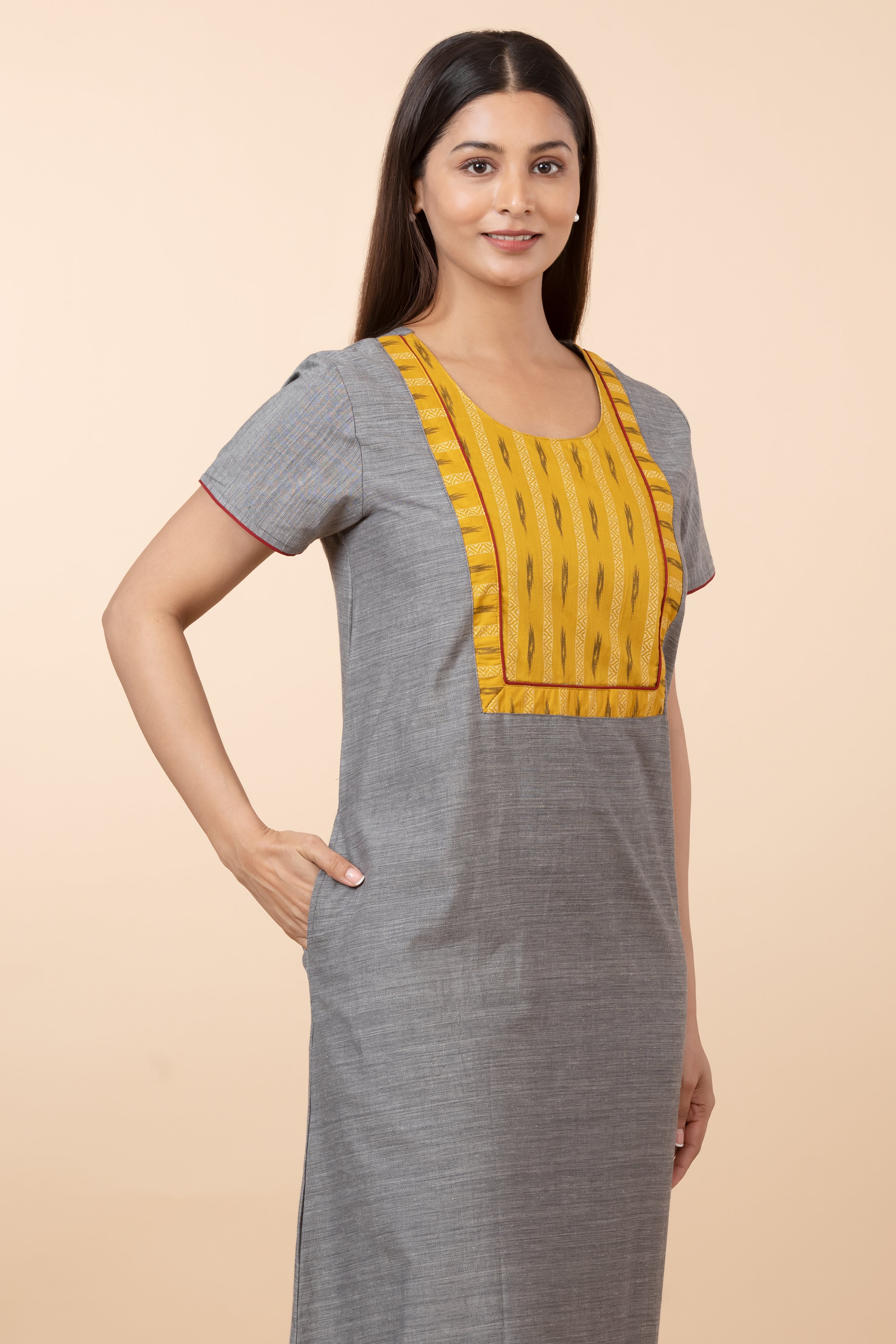 Solid Nightwear with Contrast Yellow Printed Patchwork - Grey