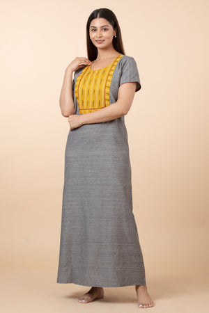 Solid Nightwear with Contrast Yellow Printed Patchwork - Grey