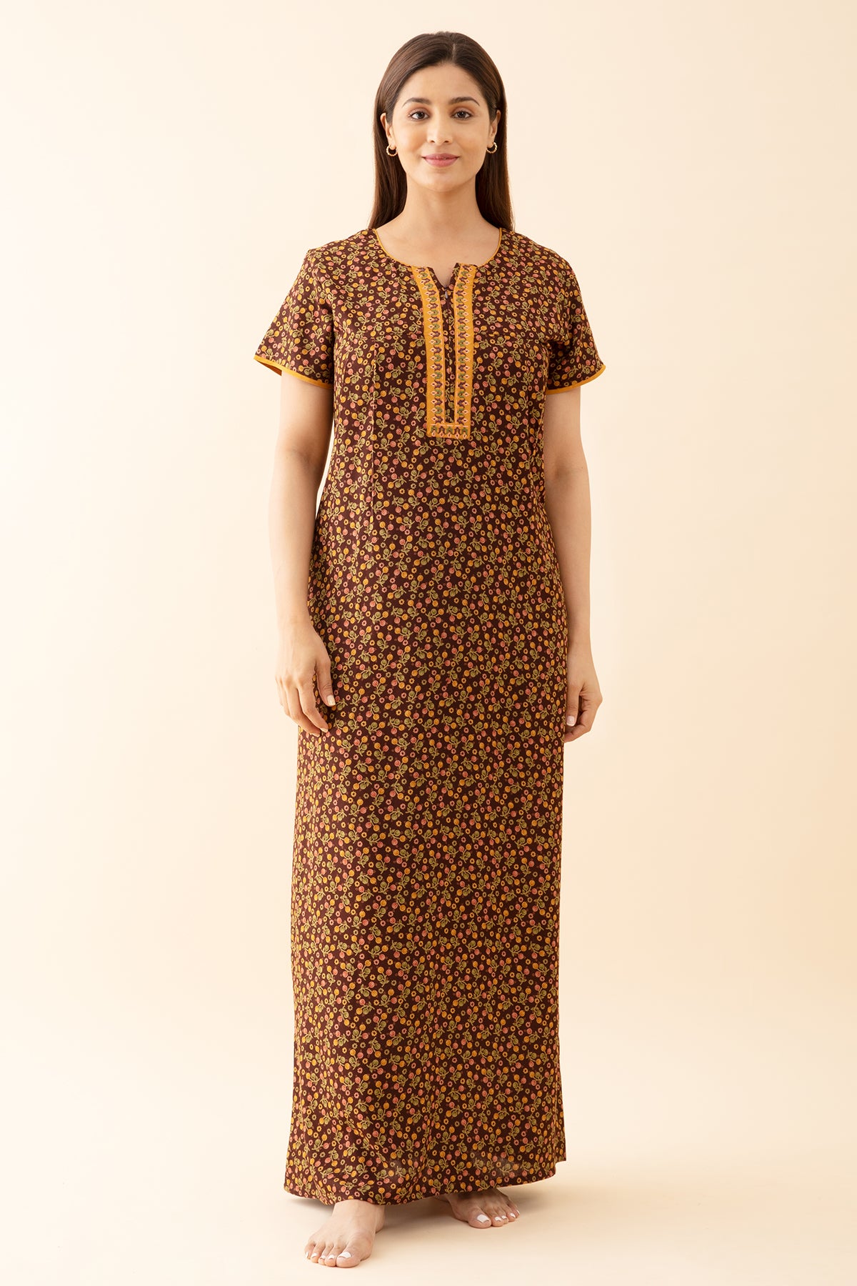 Tulip Floral Printed with Contrast Embroidered Yoke - Brown