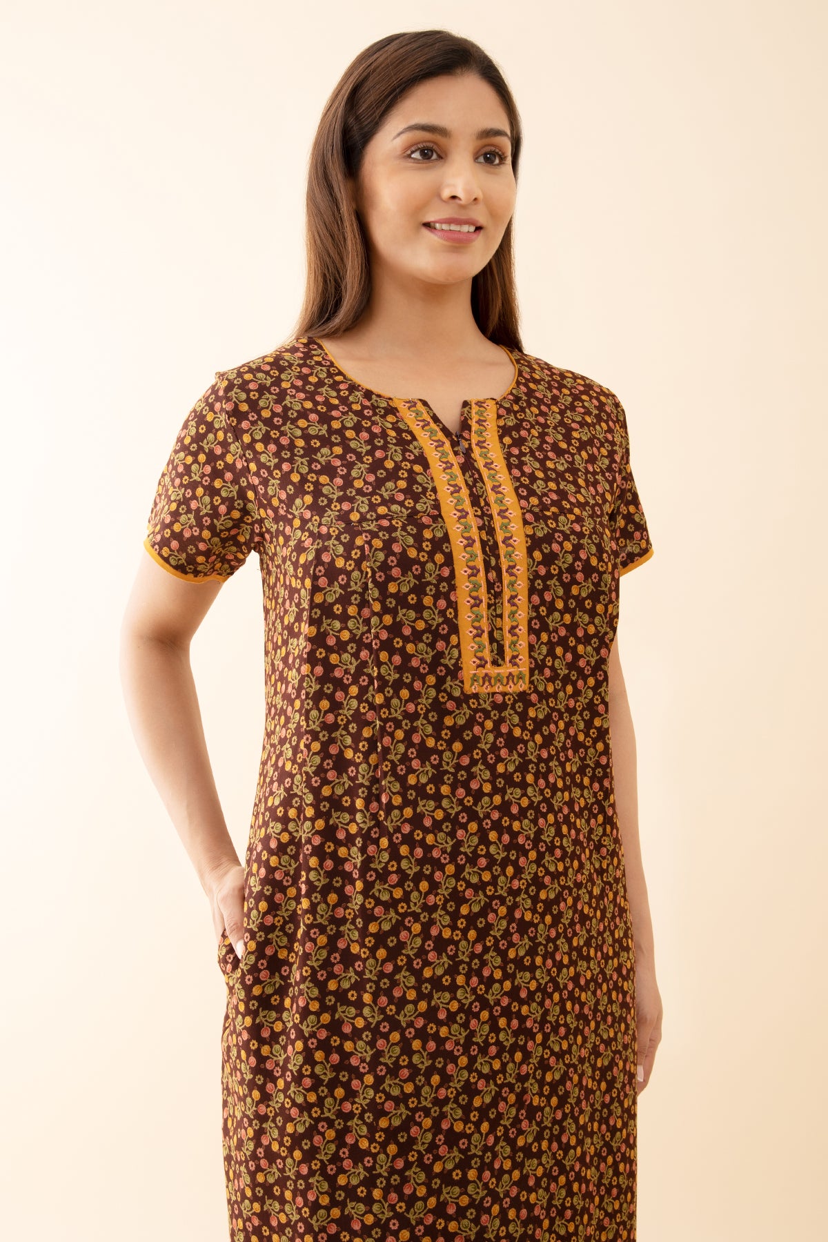Tulip Floral Printed with Contrast Embroidered Yoke - Brown