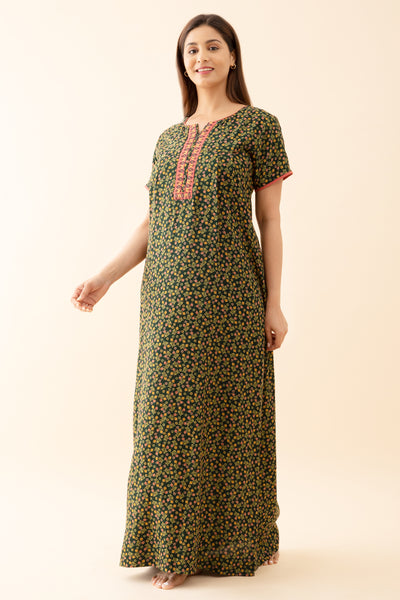 Tulip Floral Printed with Contrast Embroidered Yoke - Green
