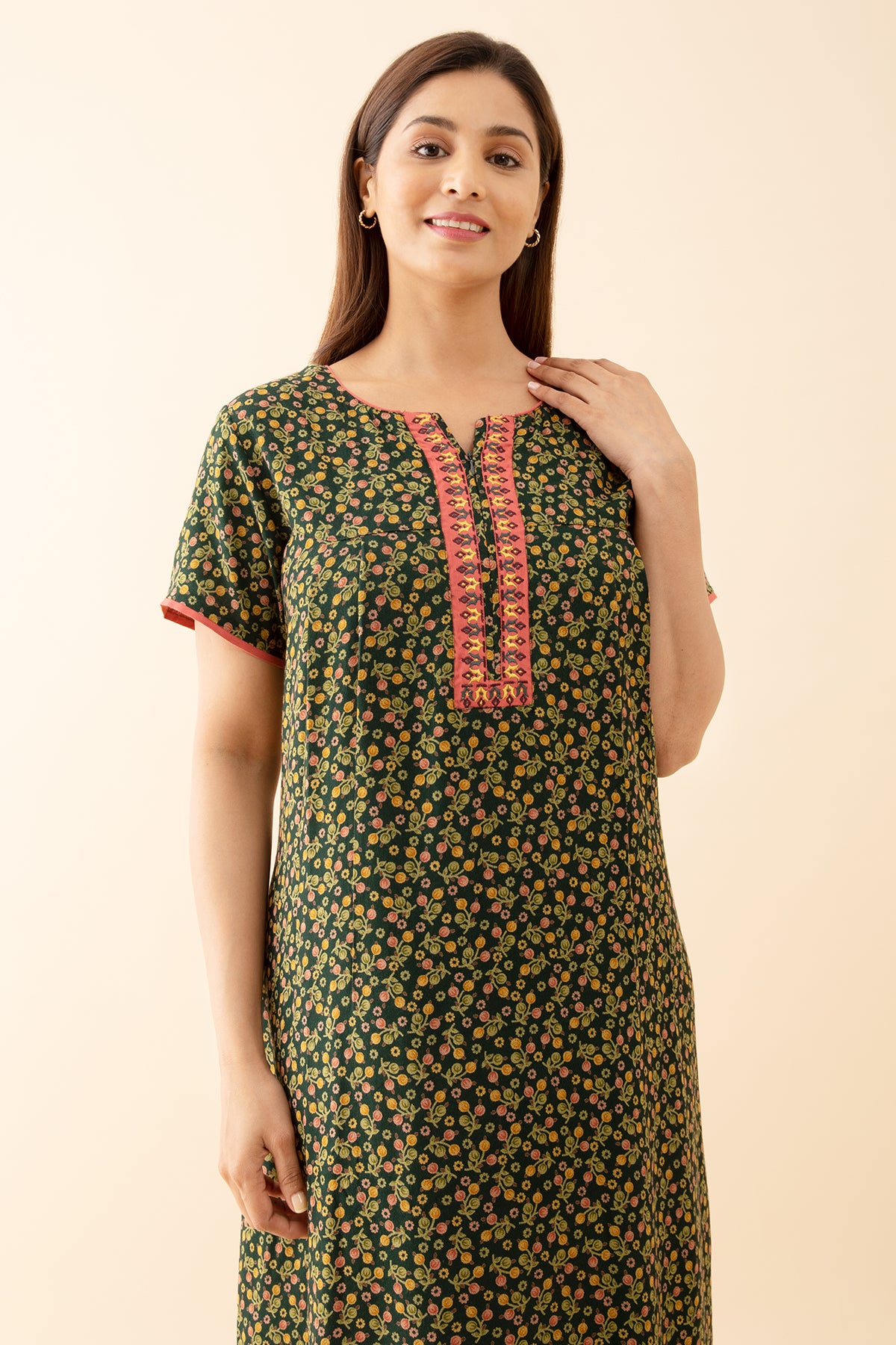 Tulip Floral Printed with Contrast Embroidered Yoke Green