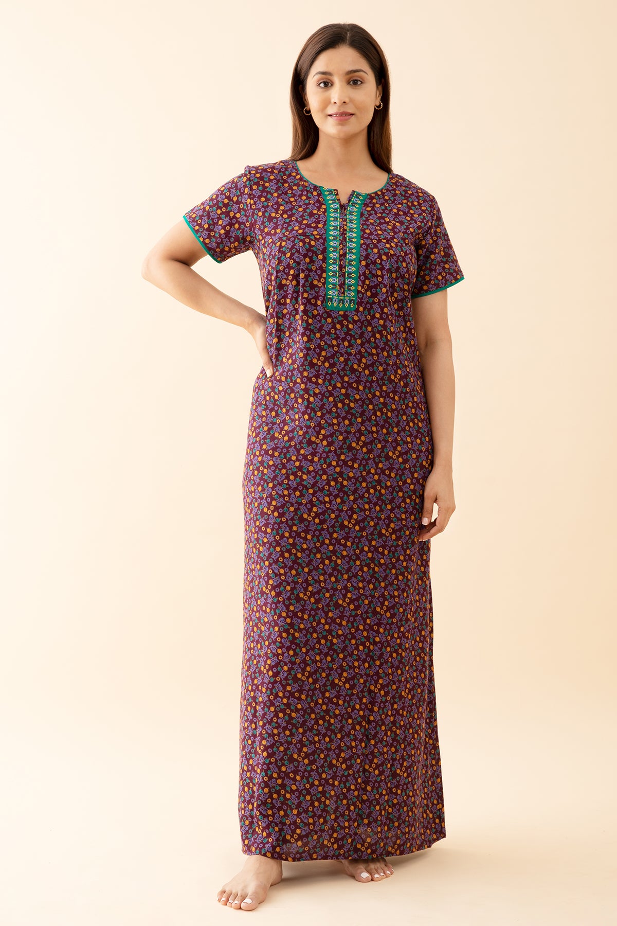 Tulip Floral Printed with Contrast Embroidered Yoke Purple