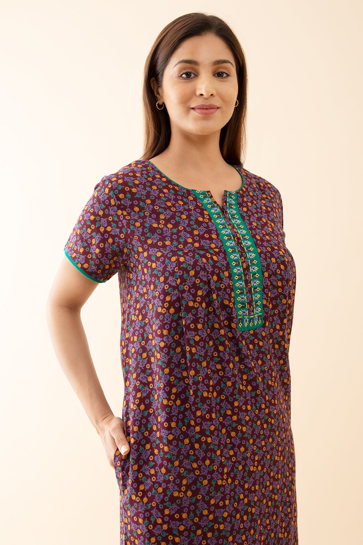 Tulip Floral Printed with Contrast Embroidered Yoke - Purple