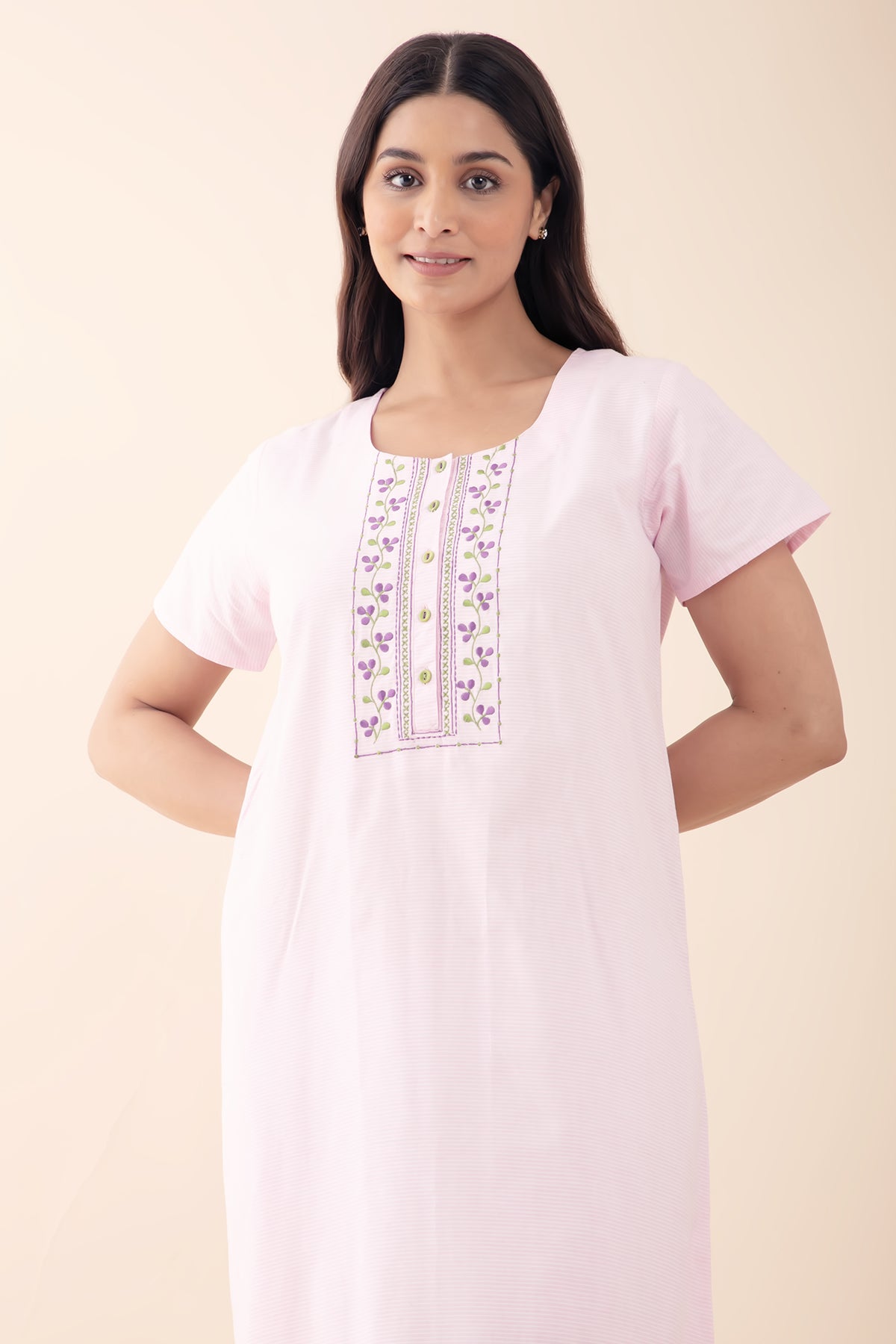 Striped Nighty wtih Embroidered Nighty - Pink